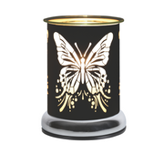 A decorative black metal cylindrical electric wax melt warmer featuring a glowing butterfly cutout design. The warm light creates an elegant and soothing ambiance.