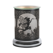 Silhouette of a fairy with wings and a wand surrounded by flowers is cut into a black cylindrical electric wax melt warmer, creating a whimsical, magical atmosphere.