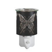 A black electric wax warmer with a butterfly cutout design, allowing light to shine through. It has a white base with an on/off switch.