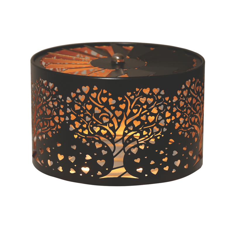 Elegant black cylindrical candle jar spinning shade carousel with intricate  heart and tree cutouts. Warm light glows through the designs, creating a serene and decorative ambiance.