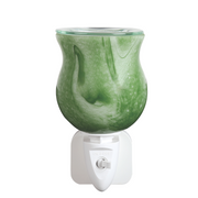 A green-colored, vase-shaped electric wax melt warmer on a white plug-in base. It has an on/off switch and a textured, swirled pattern.