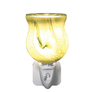 A glowing electric wax melt warmer with a warm, swirling  pattern, with a white base and on/off switch. It exudes a cozy and inviting ambiance.