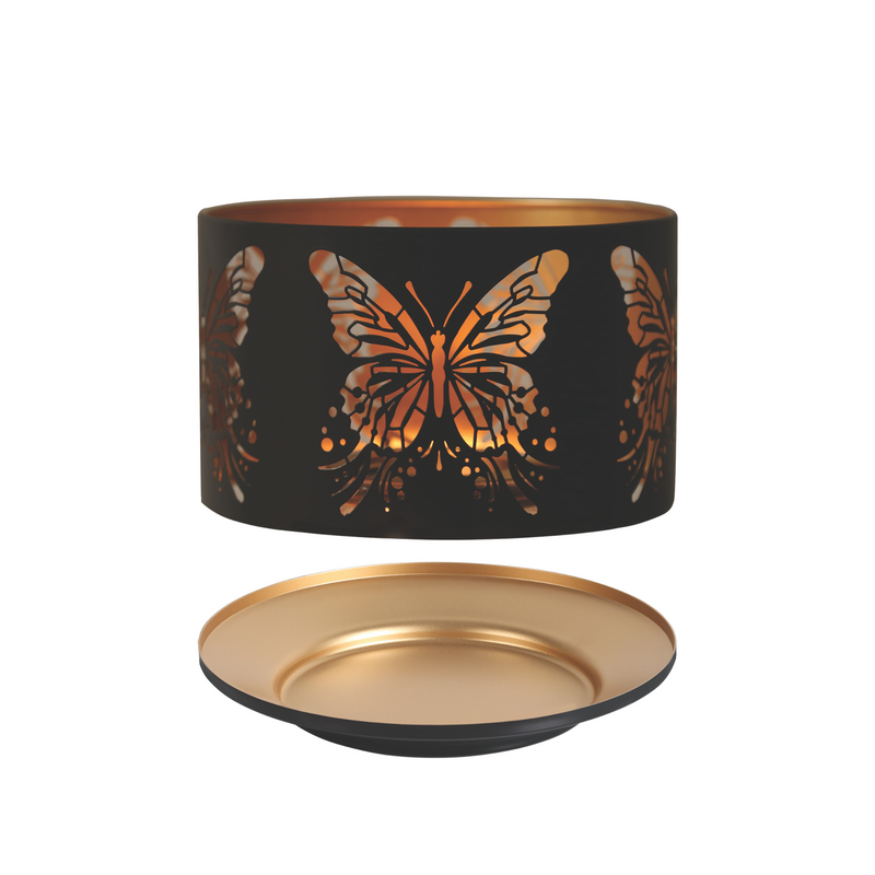 Black candle shader with intricate butterfly cutouts, glowing warmly from within. Includes a separate gold-toned candle tray, exuding elegance and tranquility.
