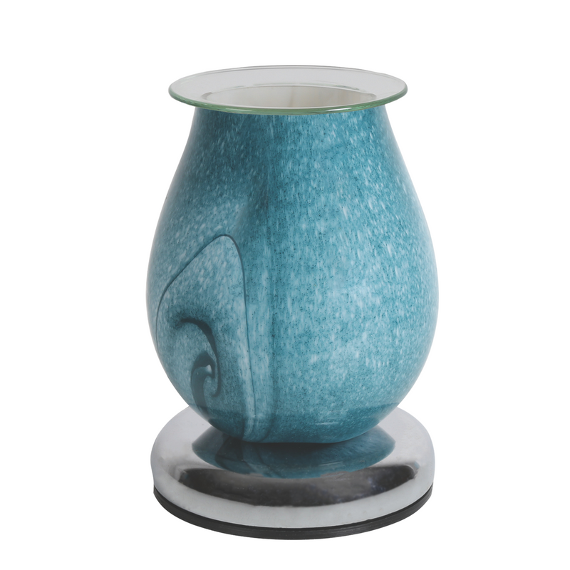 Teal electric wax melt warmer with a swirl pattern, oval shaped, sits on a shiny, silver base. The design is modern and elegant.