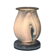 Elegant Teal electric wax melt warmer  with a swirled pattern, emitting a warm glow. The smooth, curved design conveys a calming, artistic ambiance.