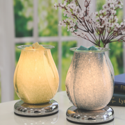 Two glowing electric wax melt warmers on a table, one with a warm green light, the other with a cool teal light. Blossoming branches are in the background.