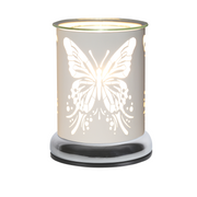 A cylindric electric wax melt warmer with a butterfly design cut out, emitting warm light. The intricate patterns create a cozy and elegant ambiance.