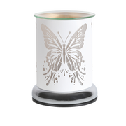 A white cylindrical electric wax melt warmer with a butterfly cutout design, set on a chrome base. The delicate pattern adds an elegant, decorative touch.