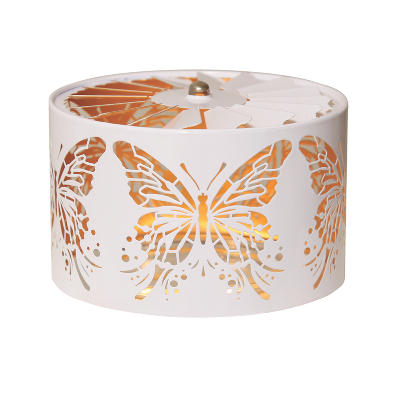 Elegant white cylindrical candle jar spinning shade carousel with intricate  butterfly cutouts. Warm light glows through the designs, creating a serene and decorative ambiance.