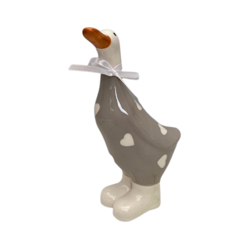 Ceramic Grey and White Polka Dot Hearts Duck Ornament Decoration