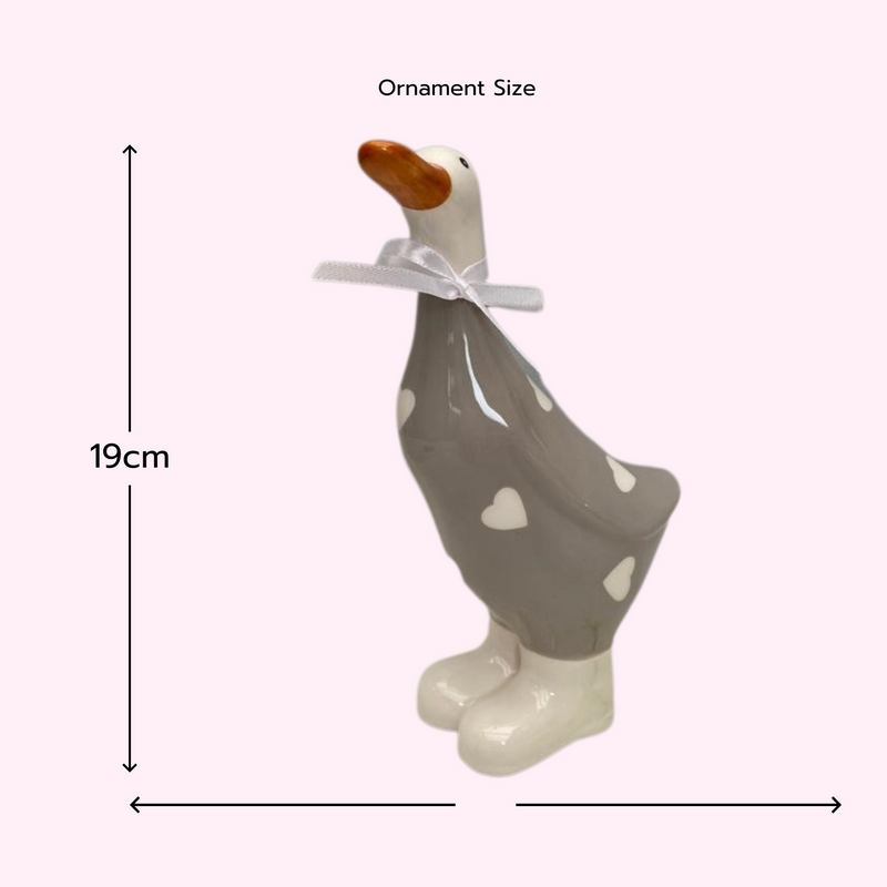 Ceramic Grey and White Polka Dot Hearts Duck Ornament Decoration