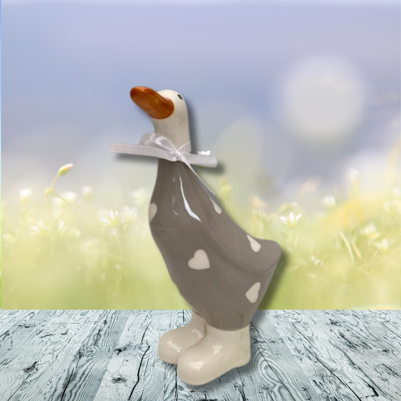 Ceramic Grey and White Polka Dot Hearts Duck Ornament Decoration