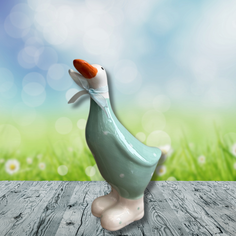 Ceramic Teal and White Polka Dot Duck Ornament Decoration