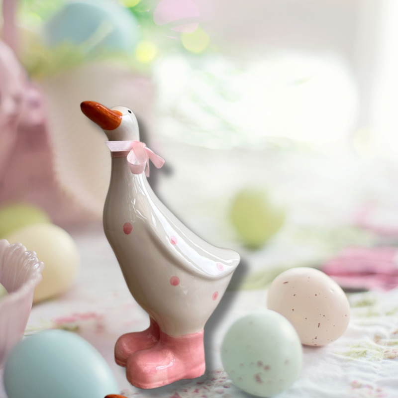 Ceramic White and Pink Polka Dot Duck Ornament Decoration