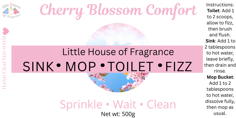 Little House of Fragrance Cherry Blossom Comfort Sink, Mop and Toilet Fizz Cleaner 500g