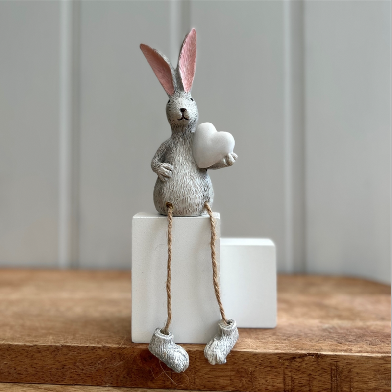 Shelf Sitting Dangly Legged Bunny Rabbit With Heart Decoration