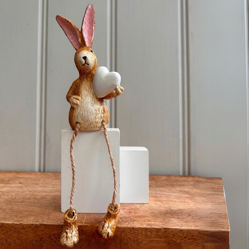 Shelf Sitting Dangly Legged Bunny Rabbit With Heart Decoration