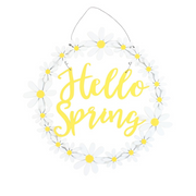 A decorative wreath of white daisies with yellow centers encircles the cheerful yellow script "Hello Spring." The design evokes a fresh, welcoming tone.