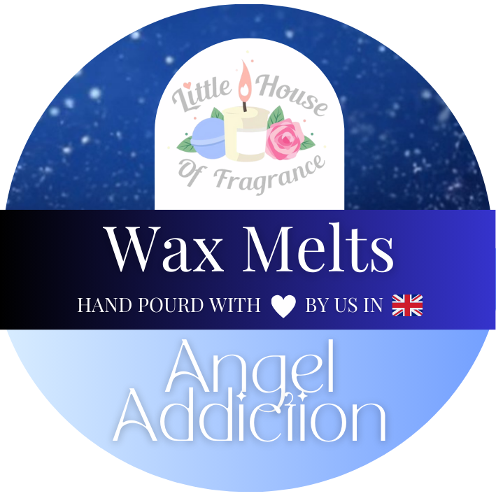 Label for 'Angel Addiction' wax melts from 'Little House of Fragrance' with a blue and white design.
