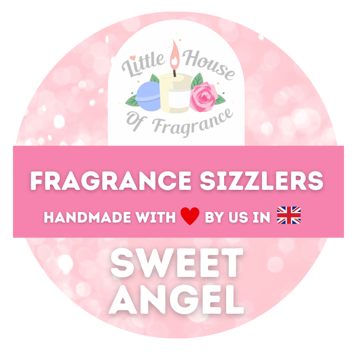 Label for " Little House of Fragrance Sweet Angel" fragrance sizzlers, handmade in the UK, with a candle and rose logo on a pale pink sparkly background.