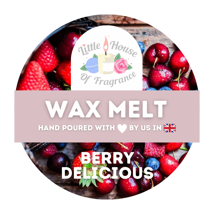 Round label for "Little House of Fragrance" wax melt, featuring berries. Text reads "Wax Melt," "Hand poured with love by us in the UK," "Berry Delicious."