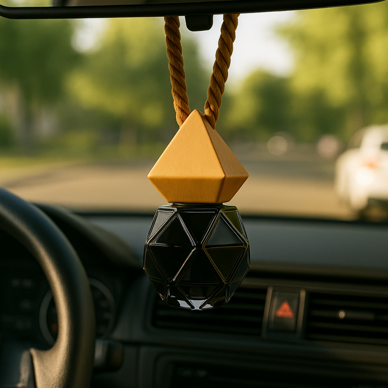 Car interior with geometric air freshener hanging from rearview mirror. Sunlight casts a warm glow on a blurred street in the background.