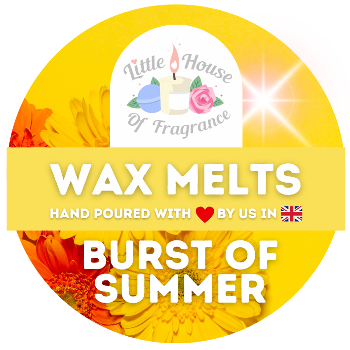 Round label for "Little House of Fragrance." Bright yellow background with sunflower images. Text: "Wax Melts, Burst of Summer, hand poured with love in the UK."