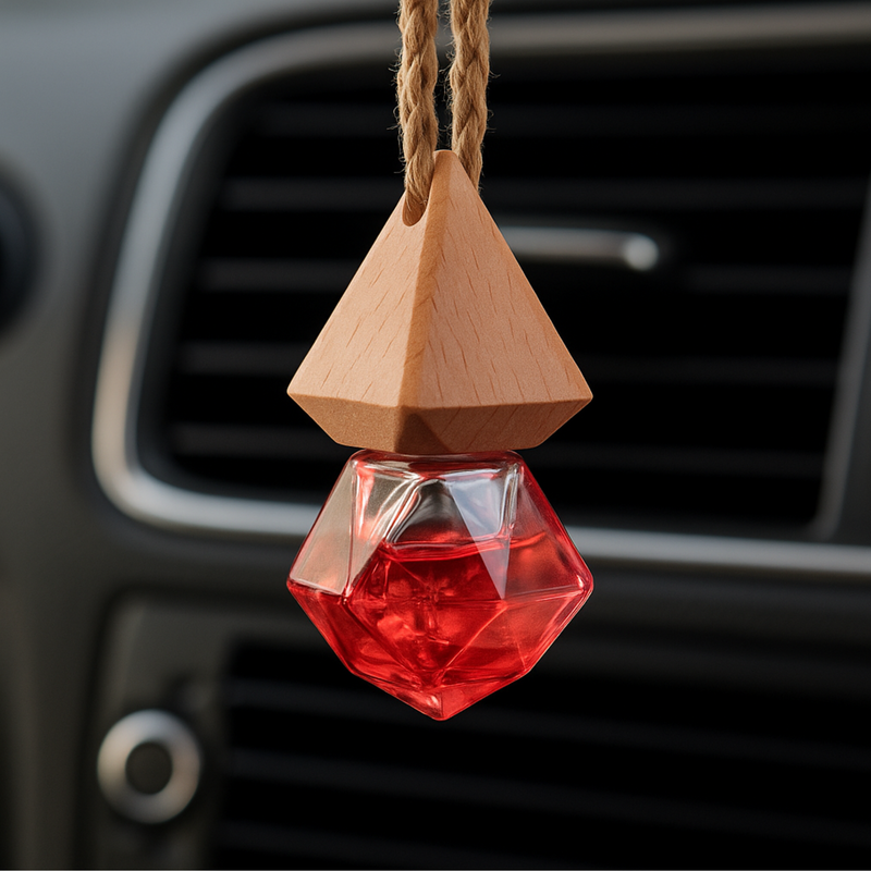 A geometric car fragrance diffuser air freshener hangs from a twine cord. It has a wooden top and a transparent red bottle, set against a car dashboard background.