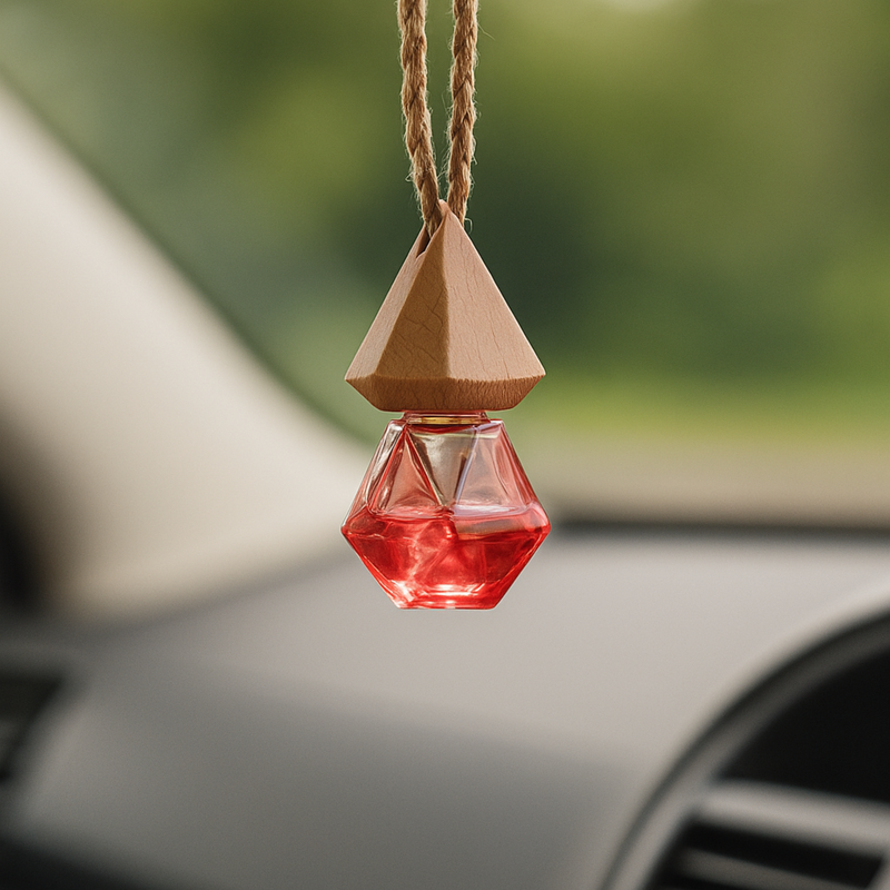 A wooden and red geometric air freshener hangs inside a car, with blurred green scenery outside. The mood is fresh and calming.