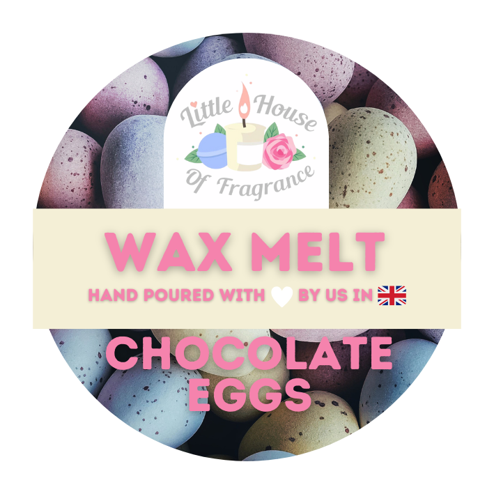Stylish label for "Little House Of Fragrance" wax melts featuring pastel speckled eggs. Text reads "Wax Melt Chocolate Eggs, Hand Poured with Love in UK."