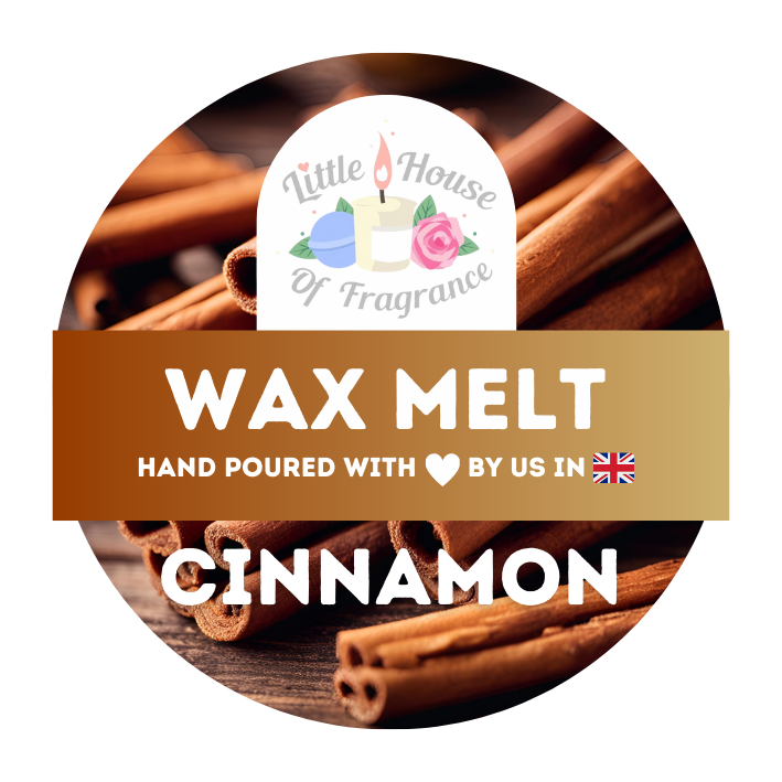 Wax melt packaging image with cinnamon sticks in the background. Text reads "Wax Melt," "Cinnamon," and "Hand poured with love by us in the UK." The logo includes candles and a rose.