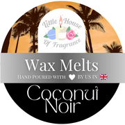 Label for Coconut Noir wax melts from Little House of Fragrance with palm tree design.