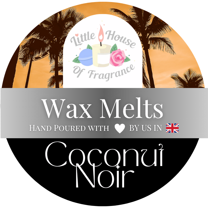 Label for Coconut Noir wax melts from Little House of Fragrance with palm tree design.