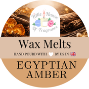 Label for Egyptian Amber wax melts from Little House of Fragrance with amber crystals and a candle.