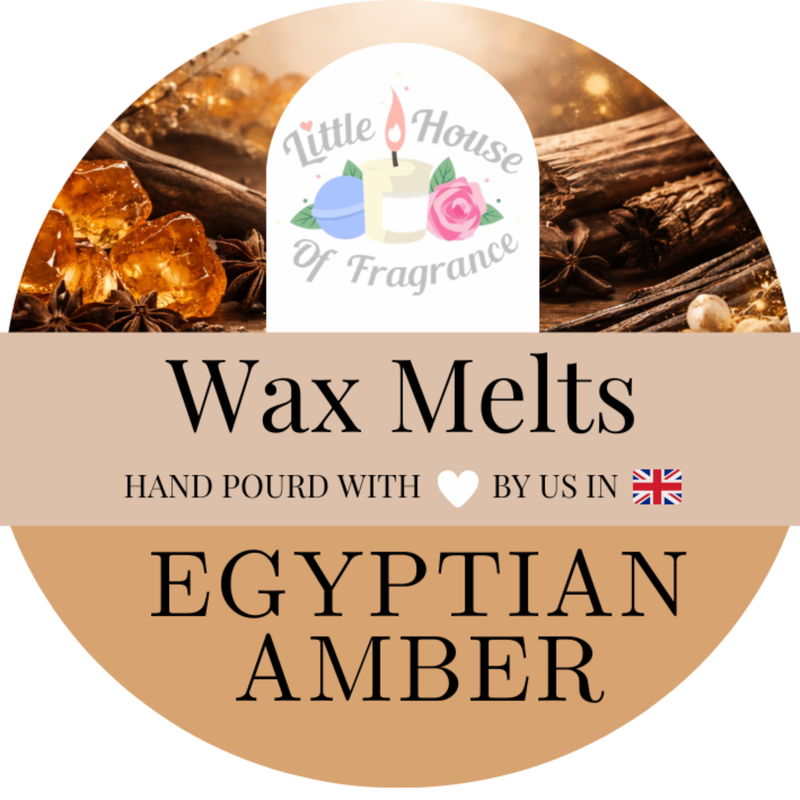 Label for Egyptian Amber wax melts from Little House of Fragrance with amber crystals and a candle.