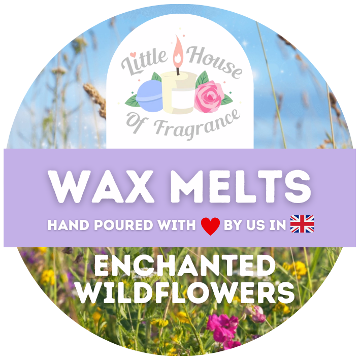 Circular label with "Little House of Fragrance" logo featuring candles and a rose. Text reads "Wax Melts," "Enchanted Wildflowers," set on a wildflower background.