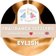 A round logo for "Little House of Fragrance," featuring a candle, rose, and leaves. Text reads "Fragrance Sizzlers, Handmade with love in the UK, Eylish."