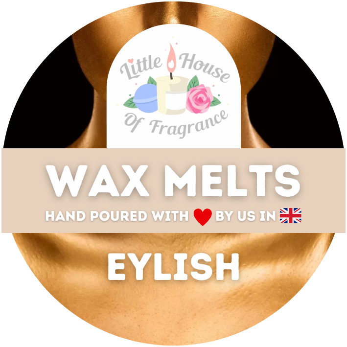 Circular logo with a golden candle base. "Little House of Fragrance" text surrounds a candle and rose. "Wax Melts" in bold, with a heart and UK flag.