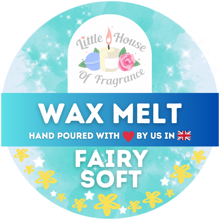 Blue and white circular wax melt label with floral imagery, reading "Little House of Fragrance." "Wax Melt: Fairy Soft" is featured prominently.