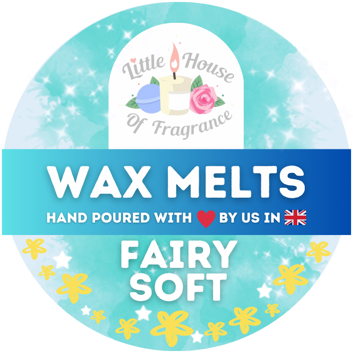 Circular label for "Little House of Fragrance" wax melts. Blue background with yellow flowers, text highlights "Fairy Soft" scent, handmade in the UK.