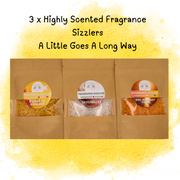 Three packets of highly scented fragrance sizzlers are displayed. Labeled "Burst of Summer," "Seychelles," and "Sol Holiday Vibes," the image exudes a fresh, vibrant feel.