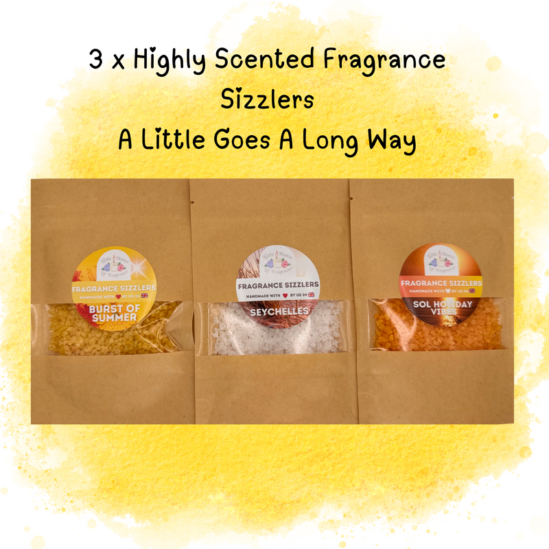 Three packets of highly scented fragrance sizzlers are displayed. Labeled "Burst of Summer," "Seychelles," and "Sol Holiday Vibes," the image exudes a fresh, vibrant feel.