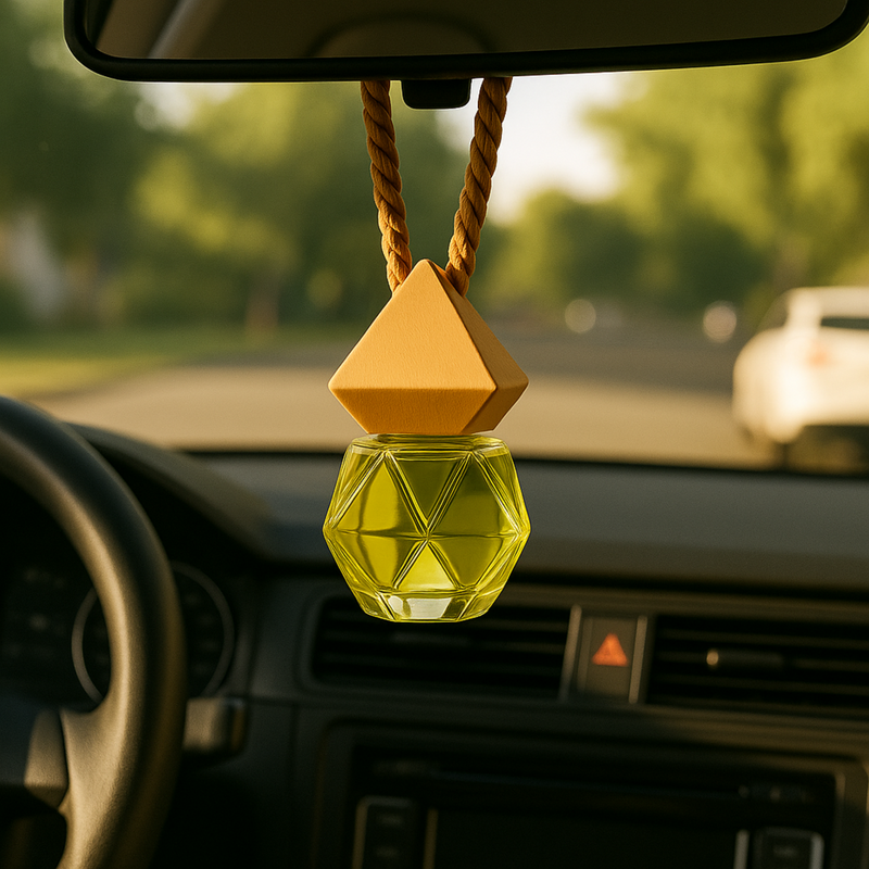 A yellow geometric car air freshener hangs from a rearview mirror inside a car. The blurred view outside shows a sunny street with a moving car.