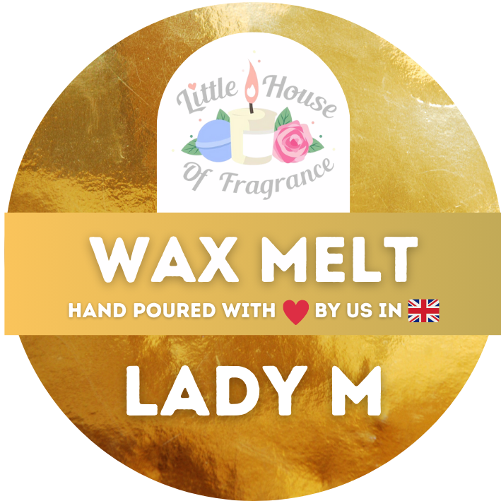 Gold circular label with the logo "Little House of Fragrance," featuring a candle and rose. Text reads, "Wax Melt, Hand Poured with Love by Us in UK."