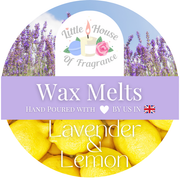 Wax melts packaging with lavender and lemon design and 'Little House of Fragrance' branding.