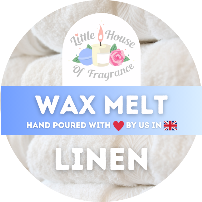 Circular label with "Little House of Fragrance" logo featuring a candle. Text: "Wax Melt Linen, hand poured with love by us in UK." Cozy and inviting