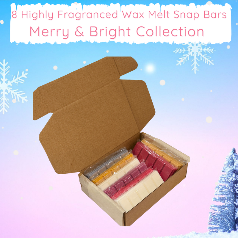 Box of highly fragranced wax melt snap bars with a Christmas-themed background