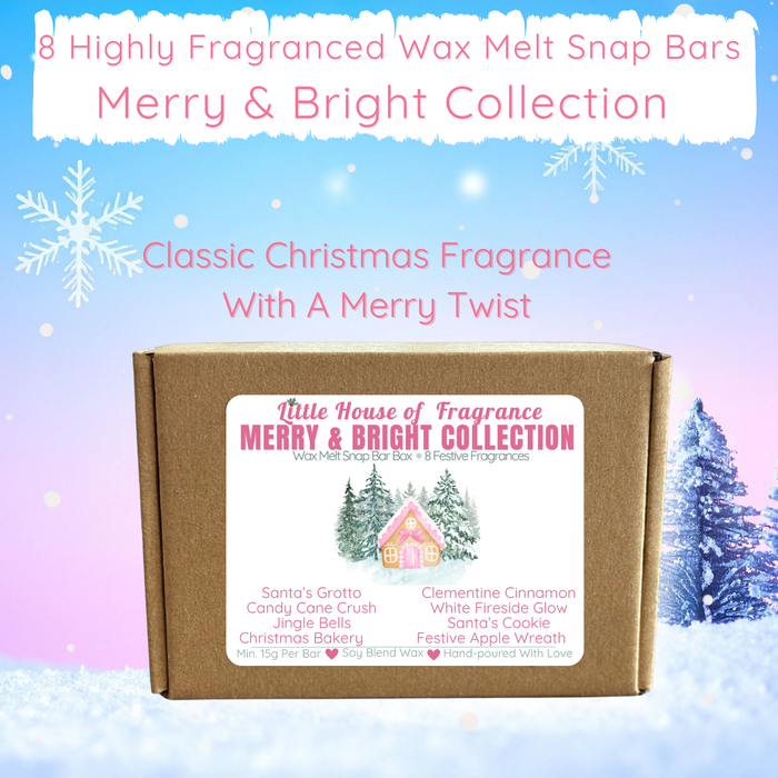 Box of 'Merry & Bright Collection' wax melt snap bars with a Christmas-themed label on a snowy background.