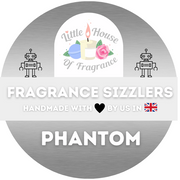 A circular logo for "Little House of Fragrance" on a metallic background, with candles, flowers, and robots. Text reads "Fragrance Sizzlers – Handmade with love by us in the UK."