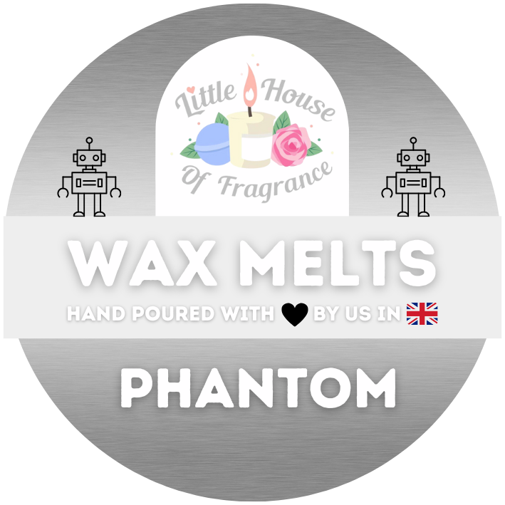 Circular label with metallic background featuring a logo of a candle and rose, flanked by two robots. Text reads "Wax Melts" and "Phantom," with a heart and UK flag.